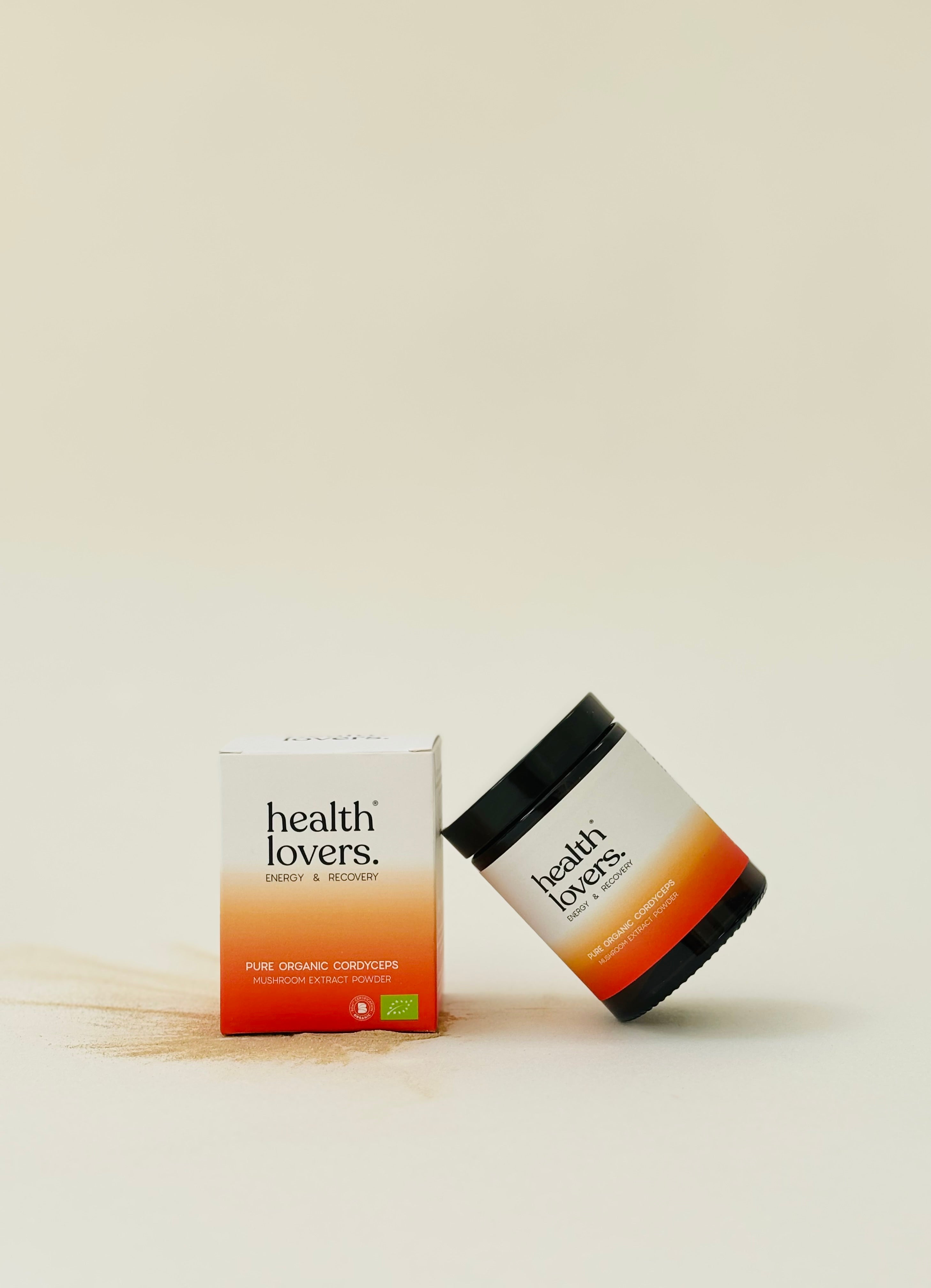 Jar and box of 'health lovers' organic cordyceps on a beige background