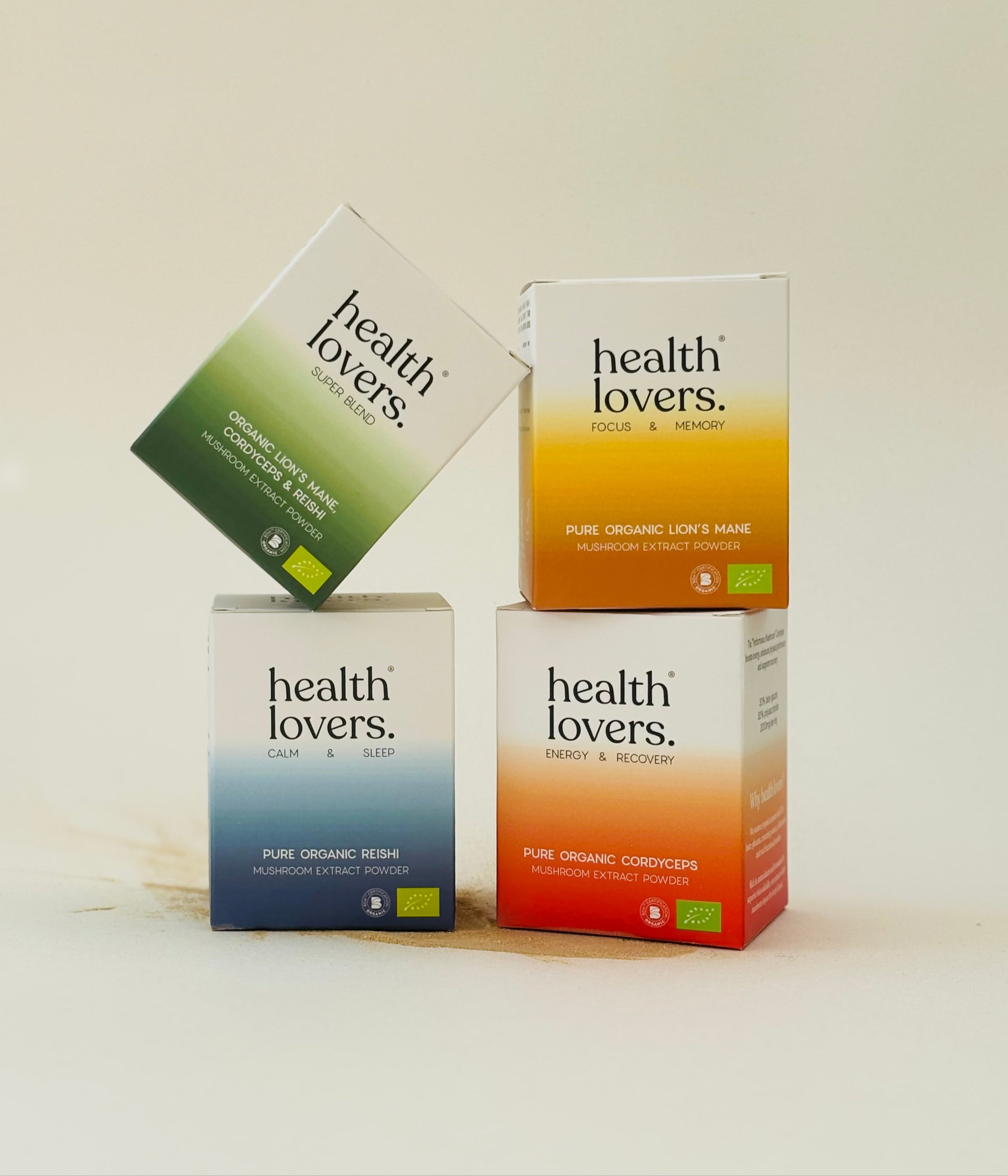Four boxes of 'health lovers' products on a light background