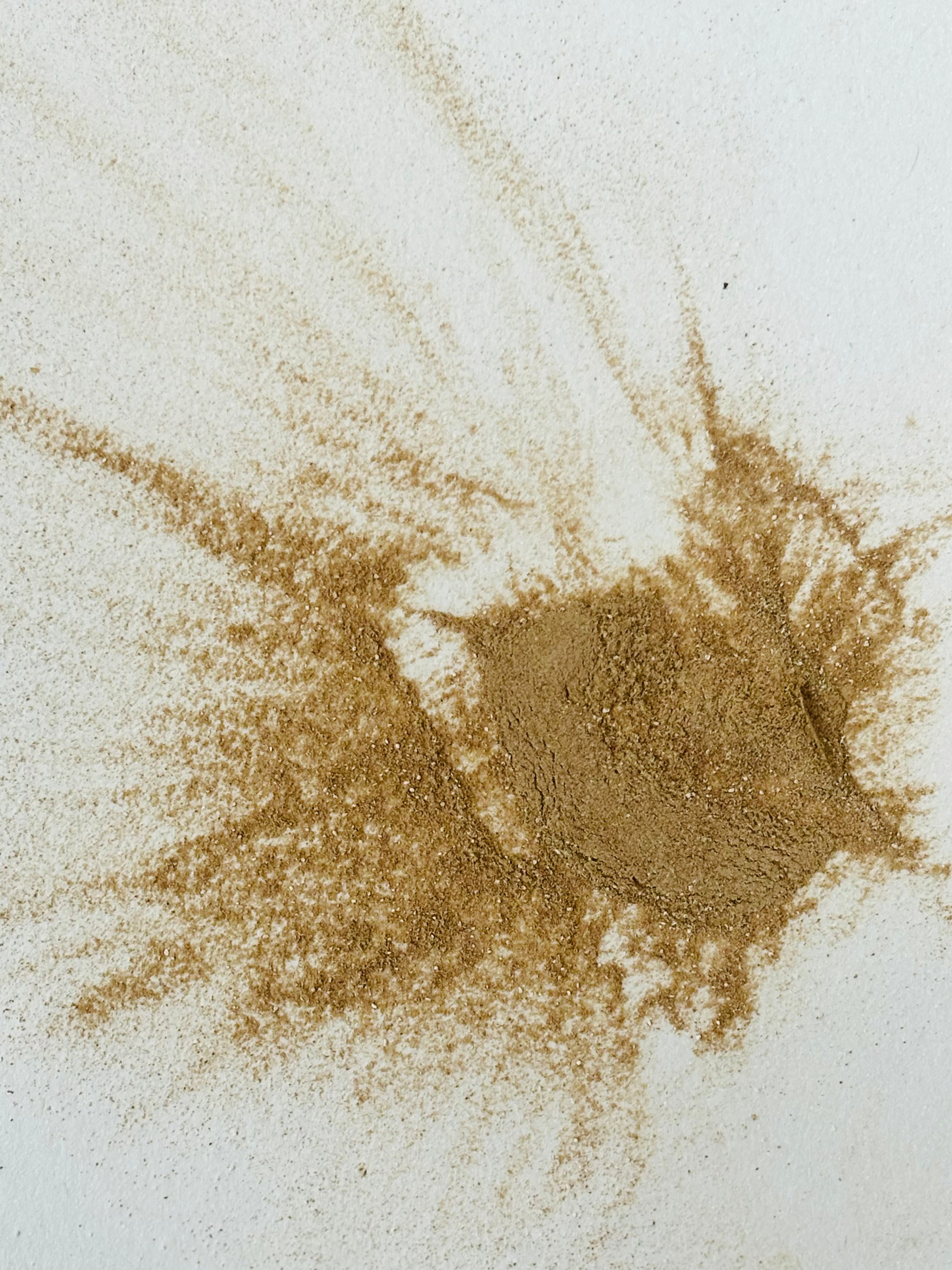 Brown mushroom powder splatter on a white background