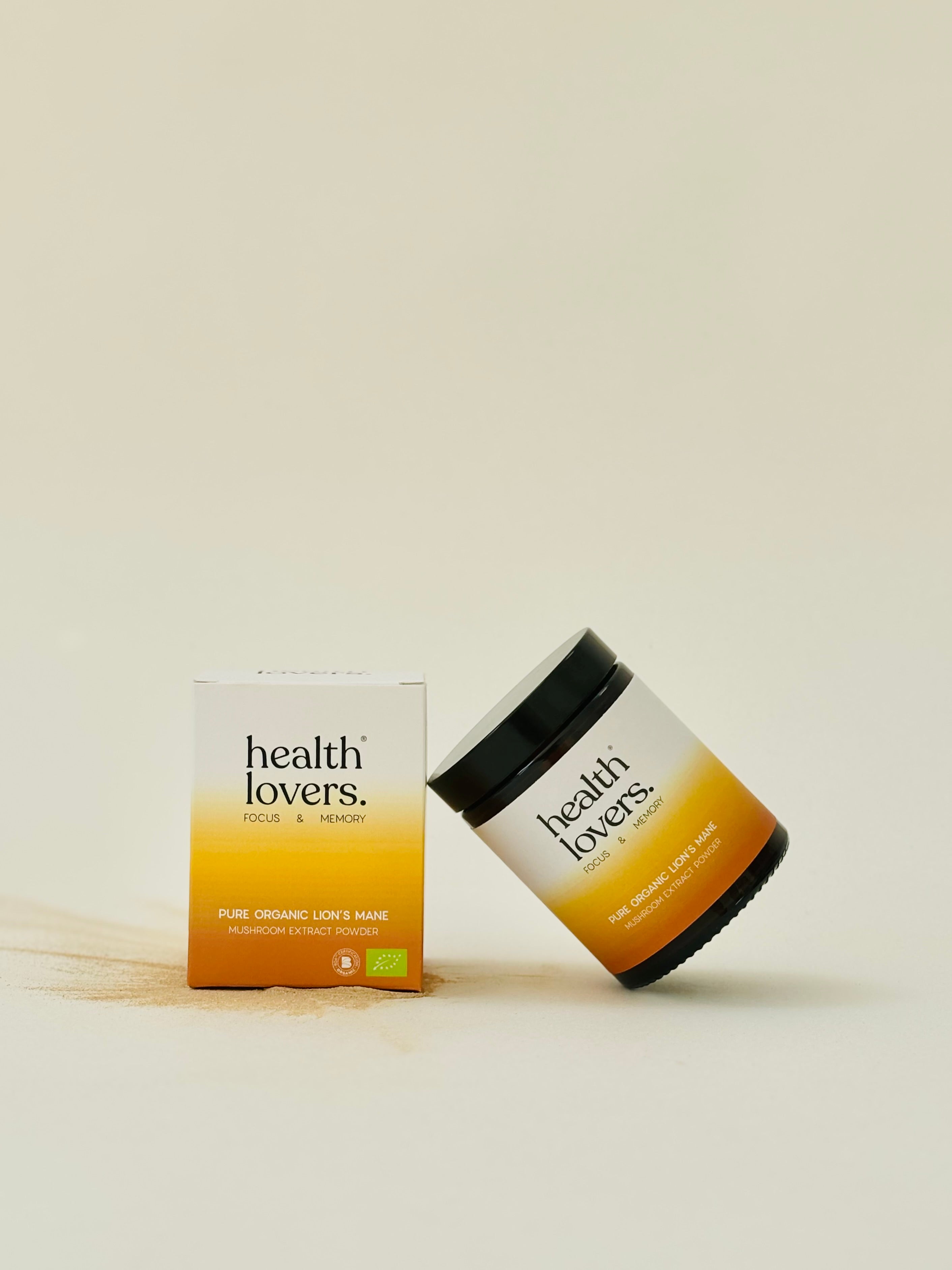Health Lovers organic lions mane product packaging on a light background