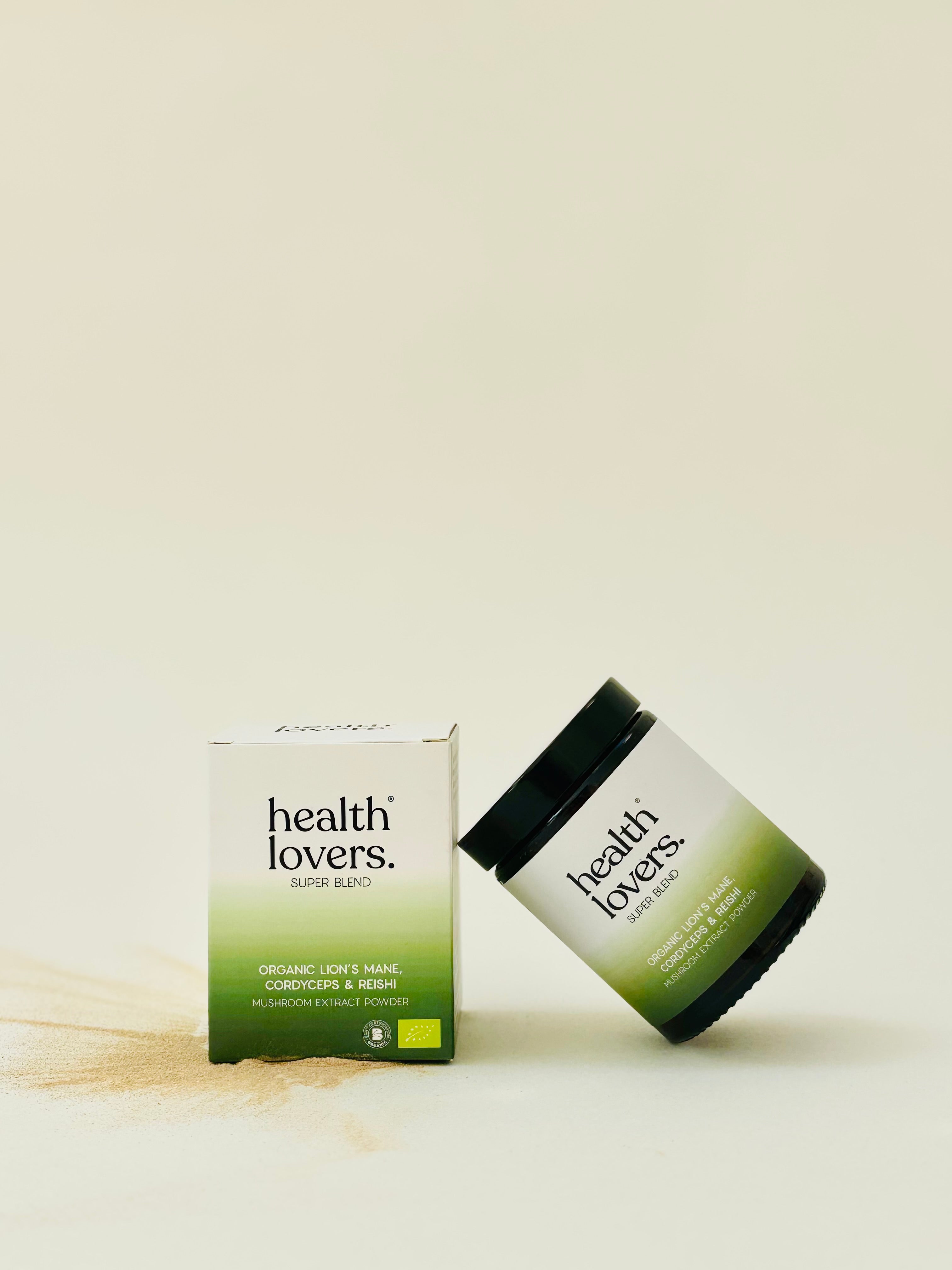 Health Lovers organic mushroom superblend packaging and container on a light background