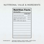 A nutrition facts label graphic on a white background with the heading 'NUTRITIONAL VALUE & INGREDIENTS' above it. The label lists serving size and ingredients including organic reishi lion's mane mushroom extract, organic lion's mane mushroom extract, and cordyceps militaris mushroom extract.
