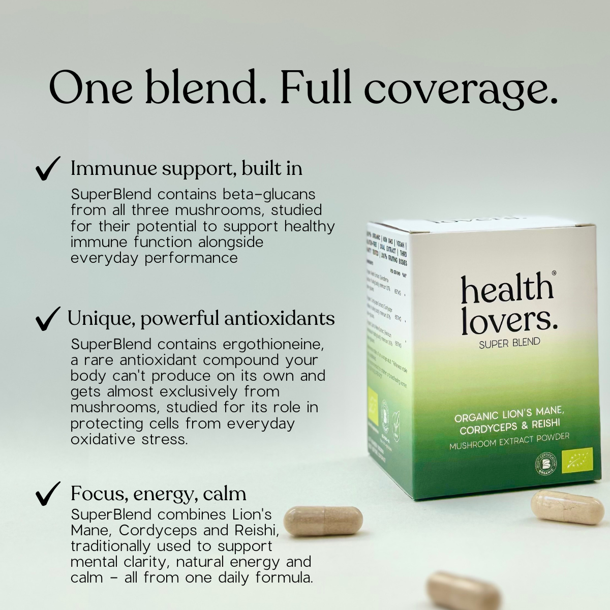 Health Lovers Super Blend supplement box shown on a light gray background with marketing text and a few capsules in front. The box is white with a green-to-yellow gradient and the brand name 'health lovers.