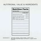 A Nutrition Facts label graphic on a white background with the heading 'NUTRITIONAL VALUE & INGREDIENTS' above it. The label lists serving size and daily value information for mushroom extracts, with ingredient text at the bottom including organic reishi, lion's mane, cordyceps, and miltaris fruiting body extract.