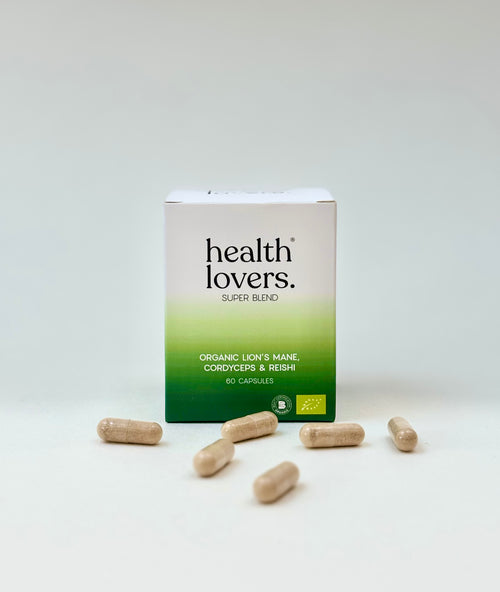 Box of 'health lovers' super blend with capsules on a white background