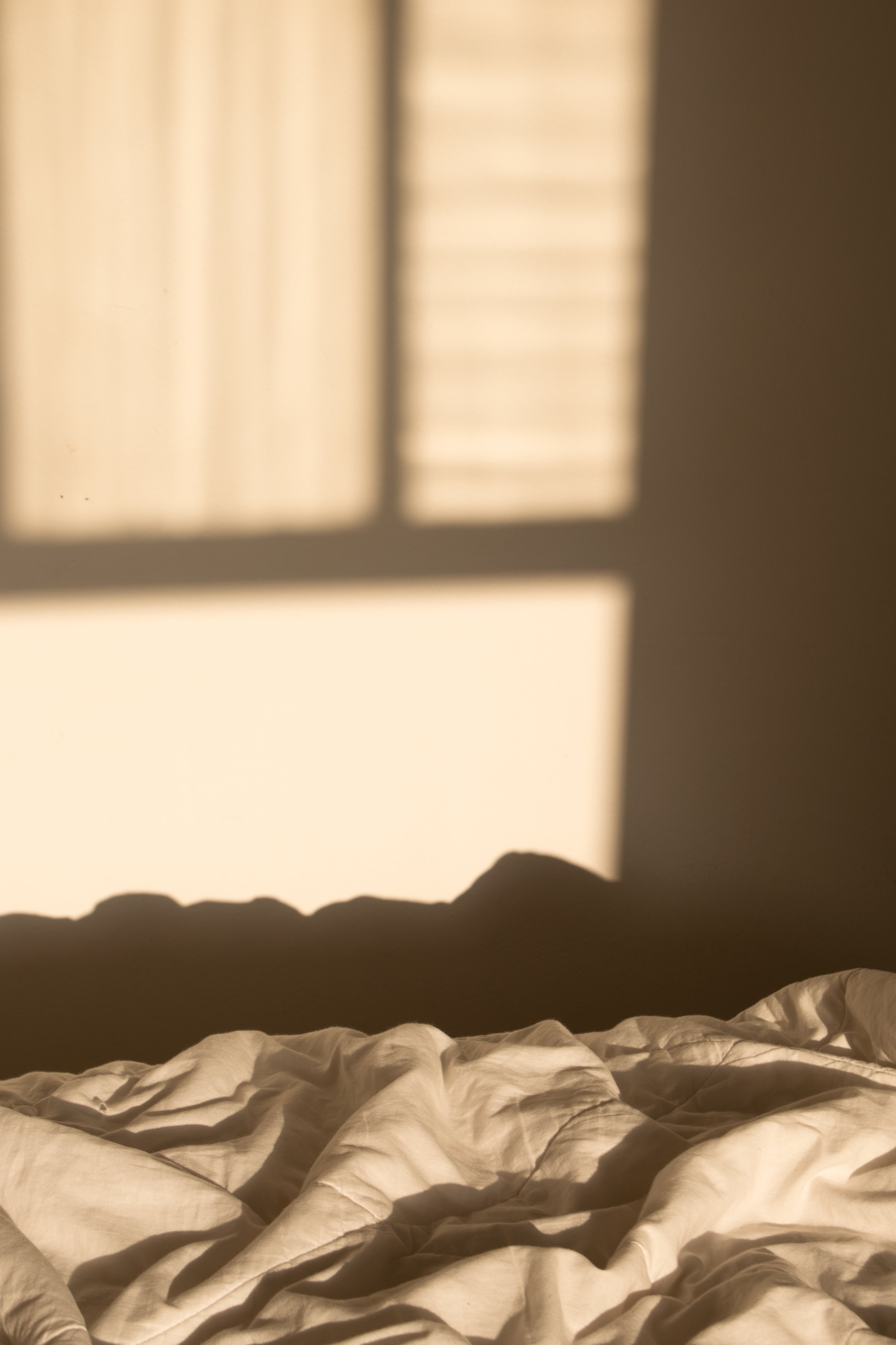 Bed with rumpled sheets in a dimly lit room