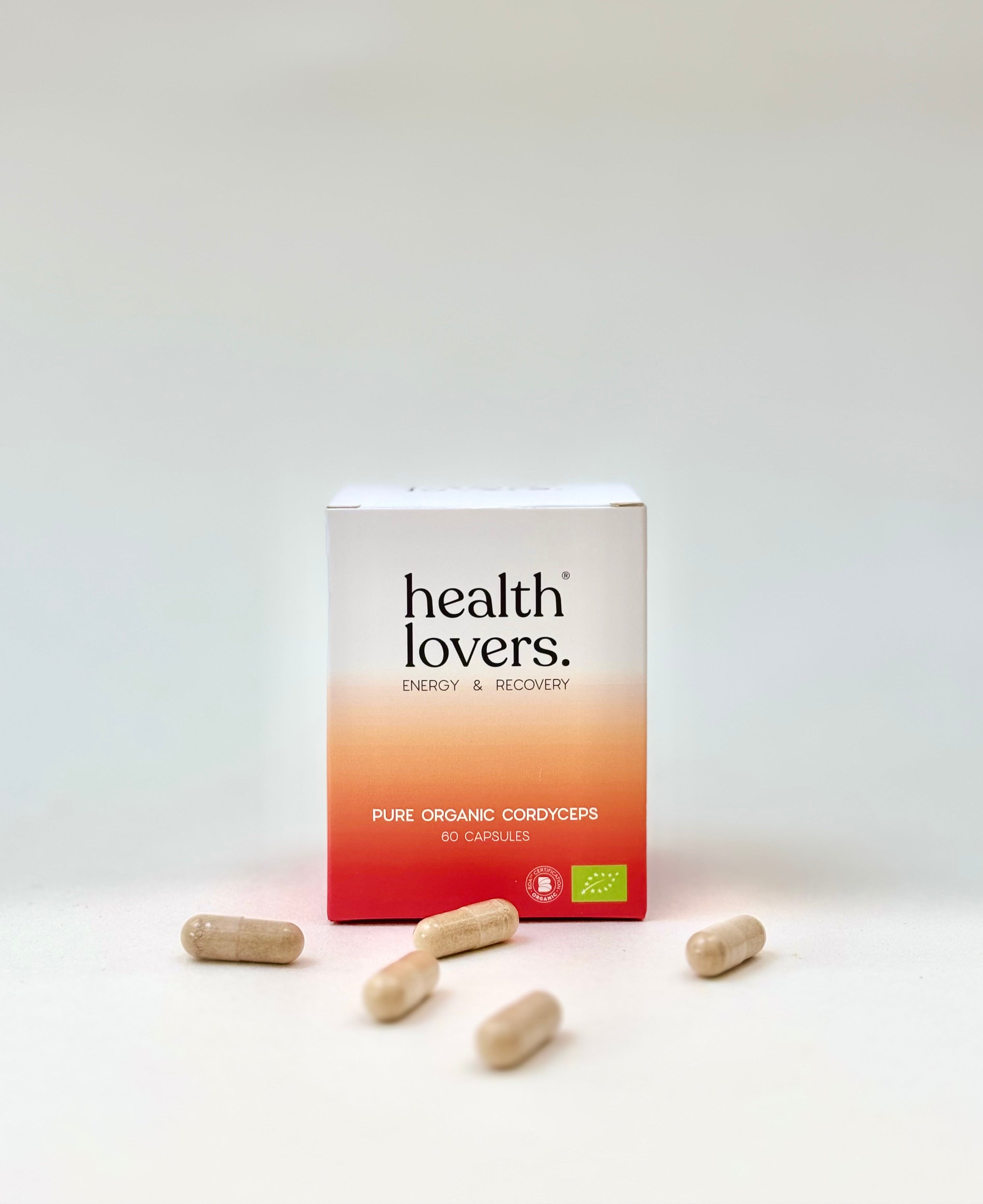 Box of 'health lovers' pure organic cordyceps with capsules on a white background