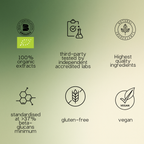 A green gradient graphic with six icons and text highlighting product benefits: organic certification, third-party testing, natural ingredients, high quality standards, beta-glucans content, gluten-free, and vegan.