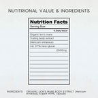 Nutritional value and ingredients label graphic for Organic Lion's Mane body extract capsules, showing a Nutrition Facts panel with listed ingredients and serving size on a light background.