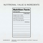A nutrition facts label graphic on a light background with the heading 'NUTRITIONAL VALUE & INGREDIENTS' and text listing Organic lion's mane body extract (Hericium erinaceus).