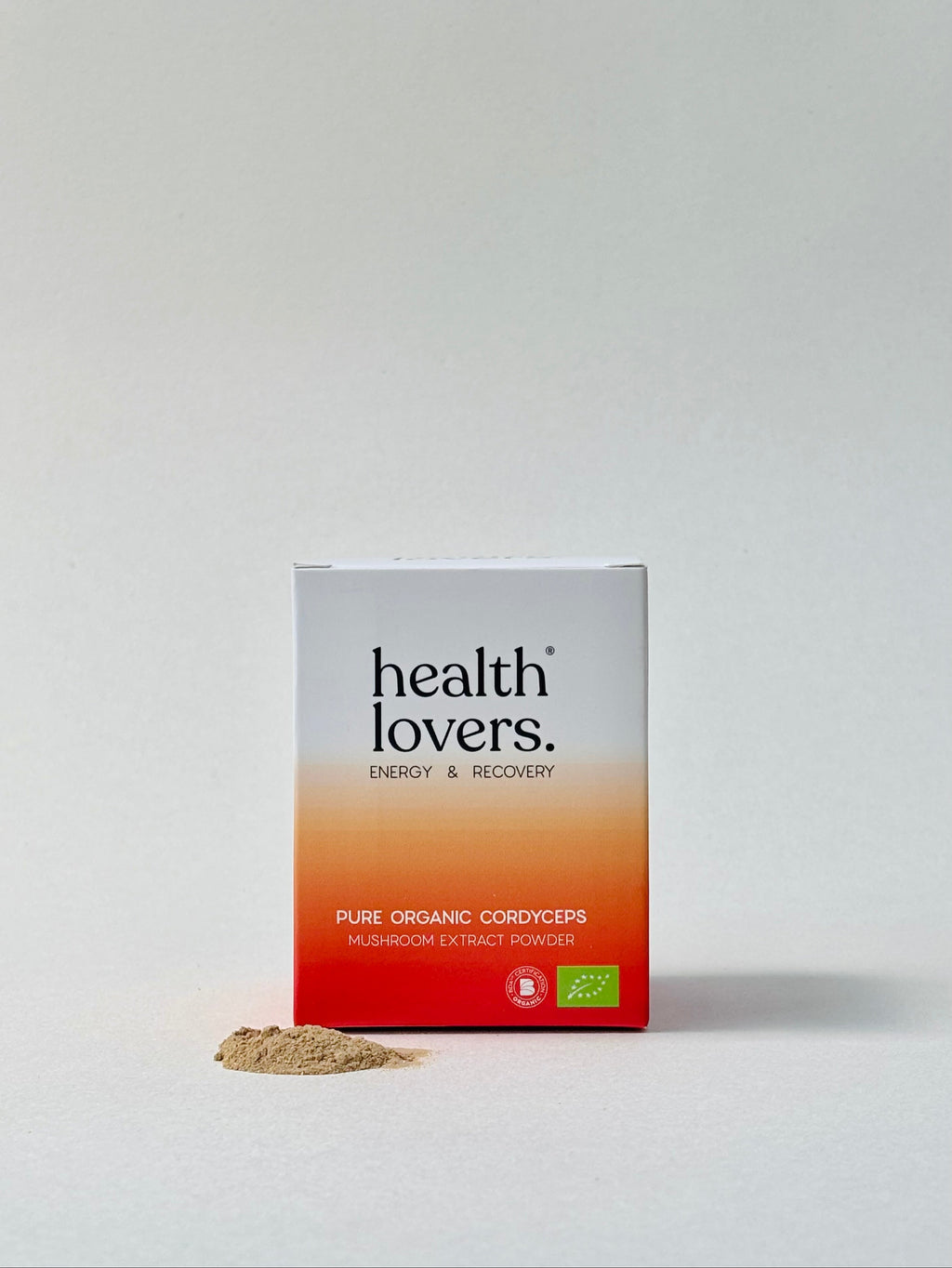 Box of 'health lovers' mushroom extract powder on a white background