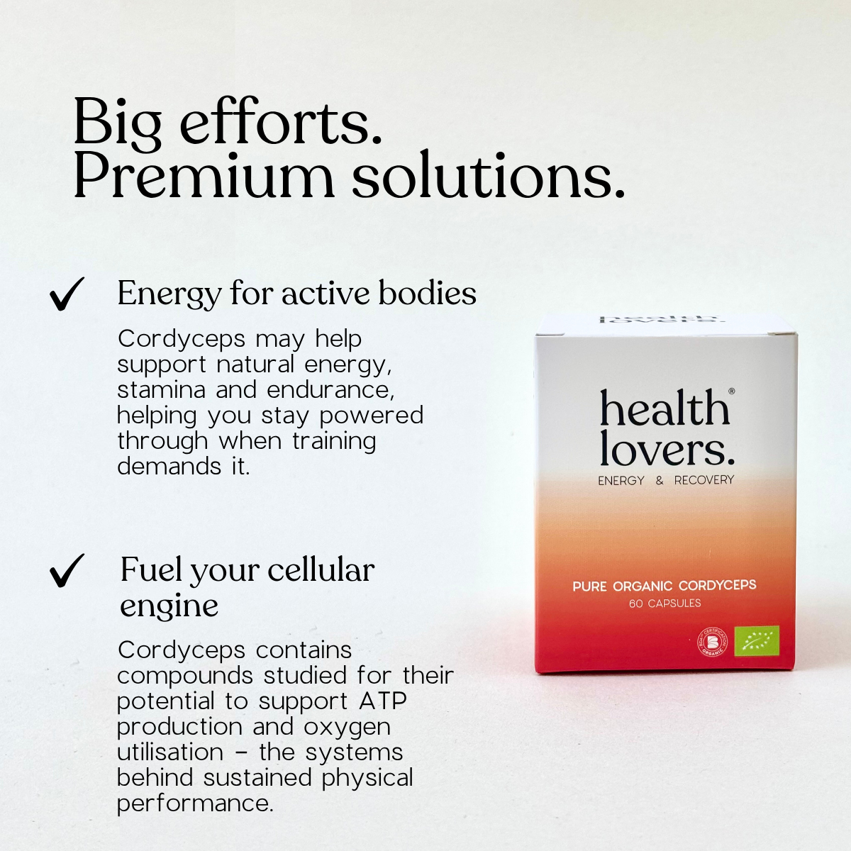 A promotional graphic for Health Lovers Cordyceps capsules on a light background, higlthing key support of the product such as energy support, cellular energy support, training and gym support, performance support.
