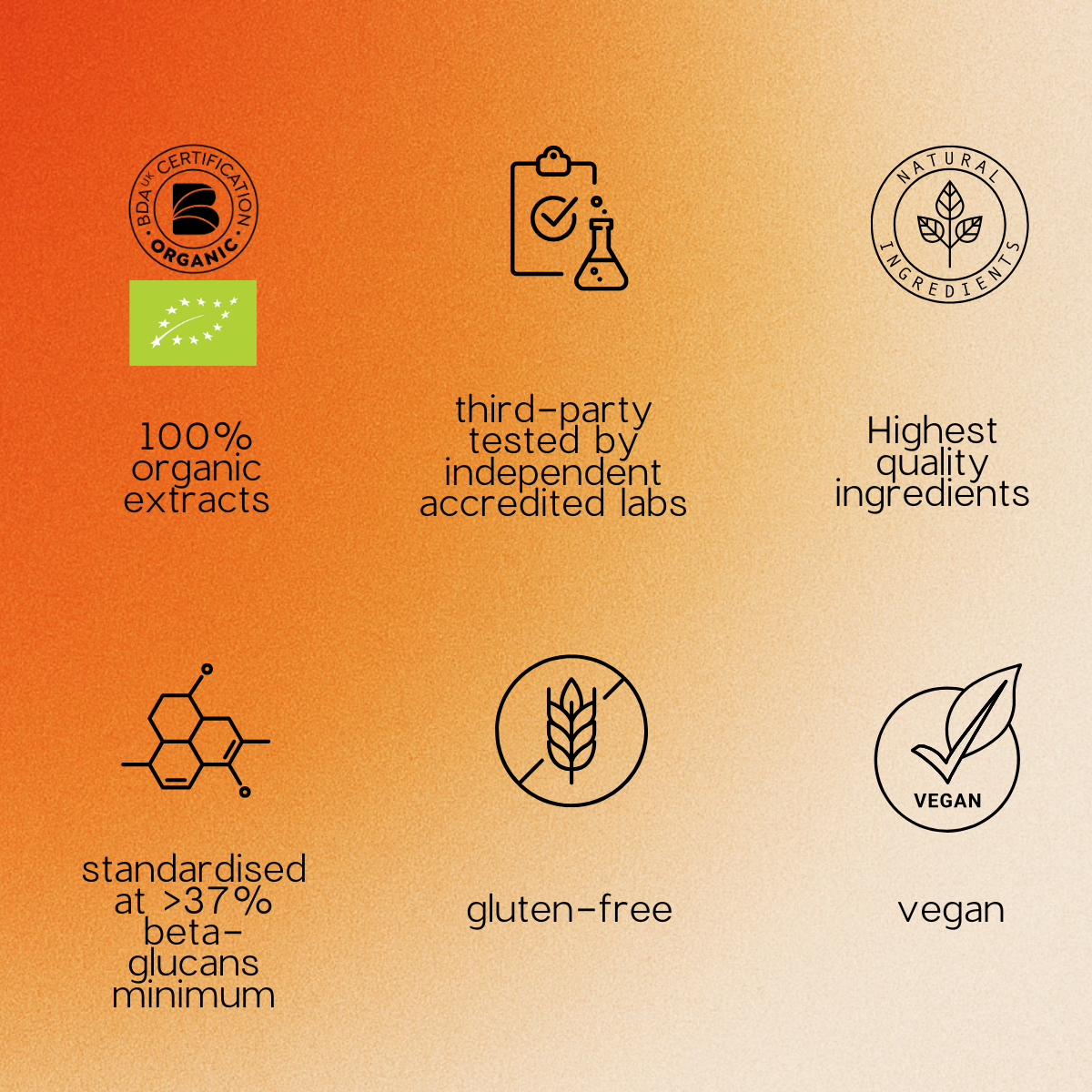 A promotional infographic on a warm orange-to-beige gradient background with six icons and text callouts: a Certified Organic seal and organic extracts, third-party testing, natural ingredients, beta-glucans minimum, gluten-free, vegan, and vegan text.