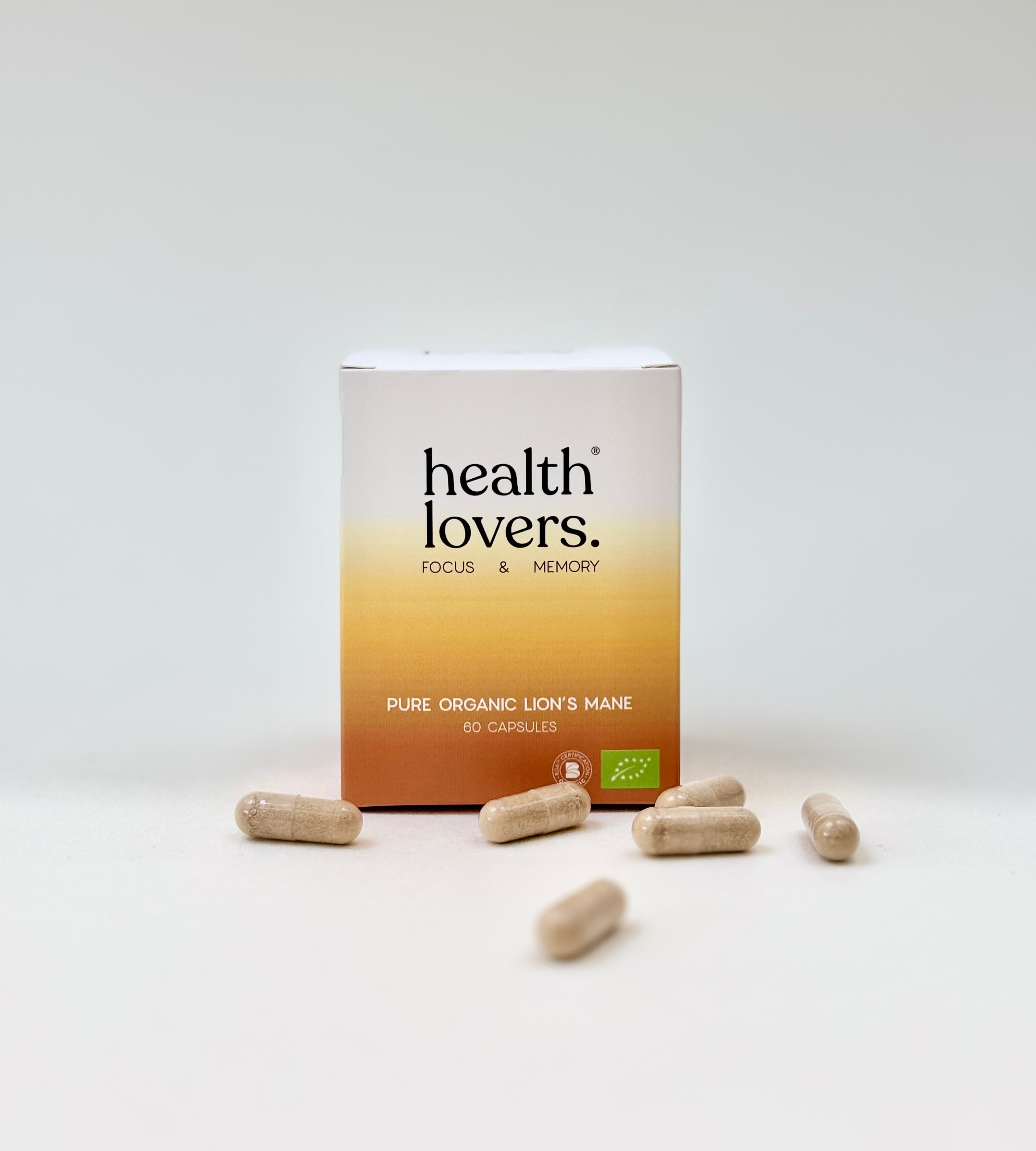 Box of 'health lovers' with capsules on a white background