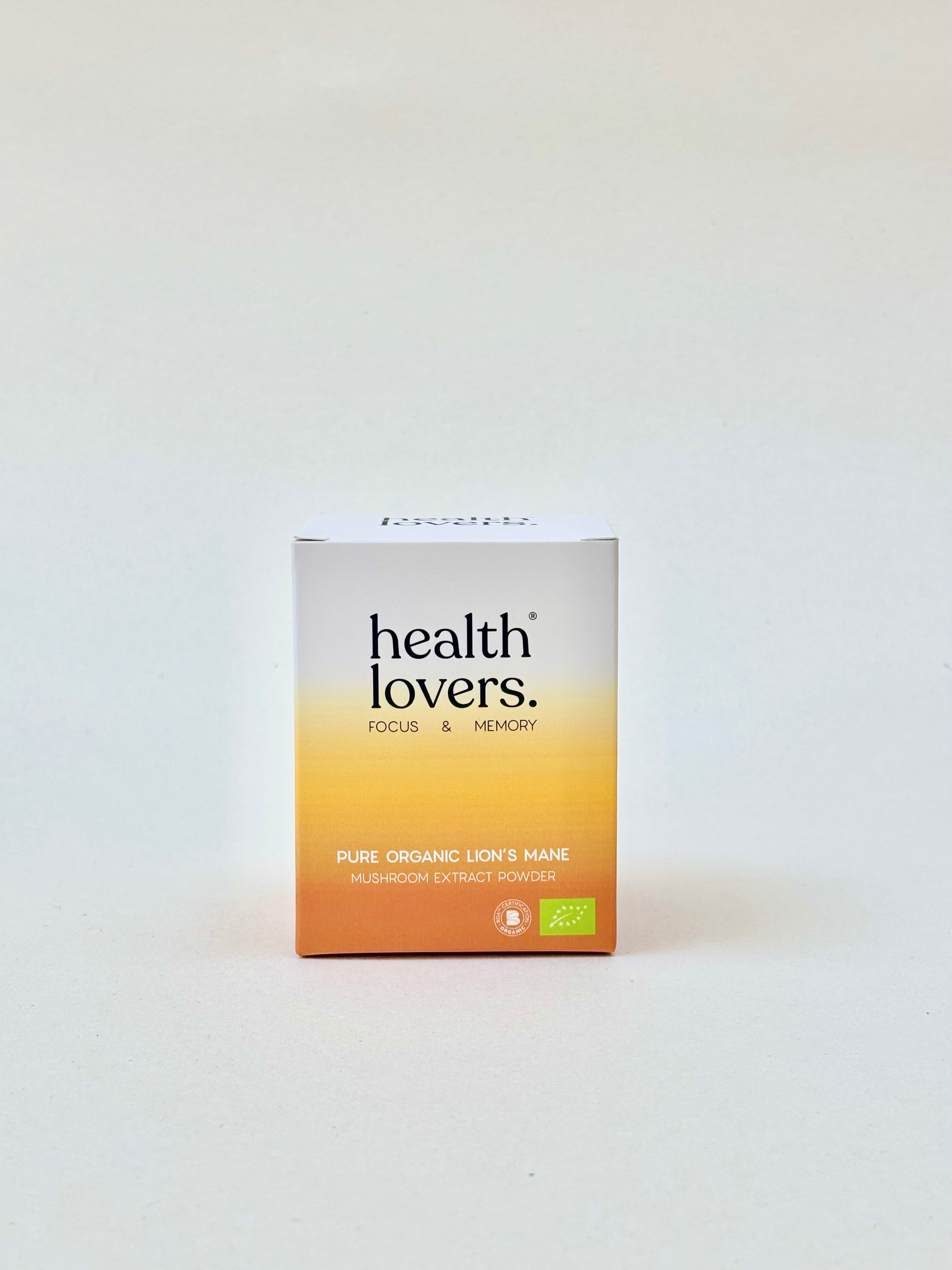 Box of 'health lovers' organic lions mane powder product on a white background