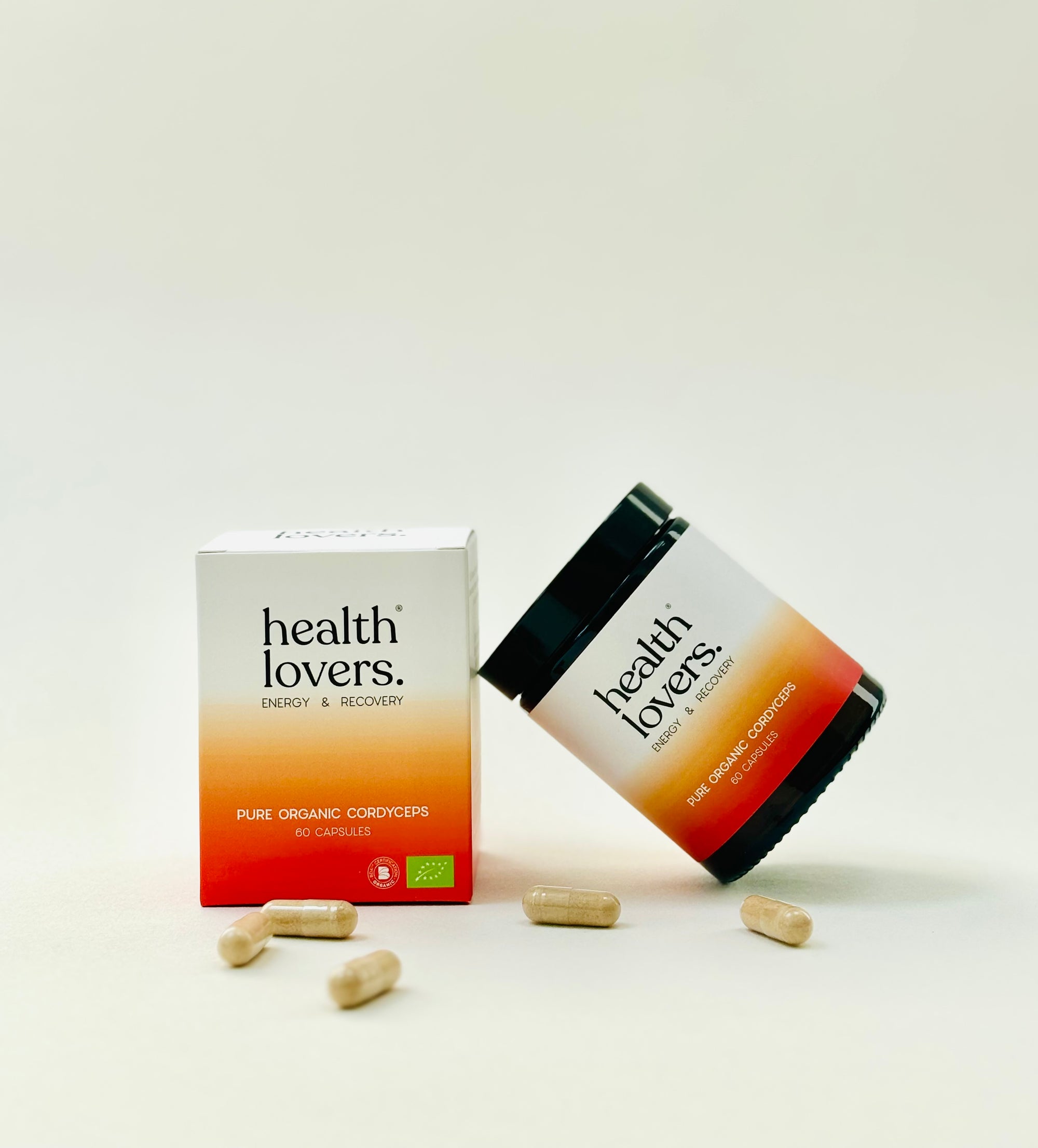 Health Lovers supplement container for organic cordyceps capsules and packaging on a white background