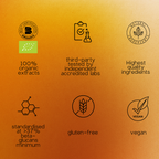 Health Lovers organic lions mane mushroom ectract infographic highlighting product benefits: organic certification, third-party testing, natural ingredients, high quality, beta-glucans minimum, gluten-free, and vegan.