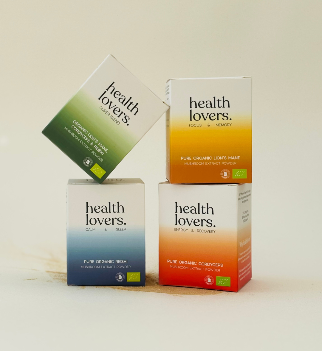 Four boxes of 'health lovers' products on a light background