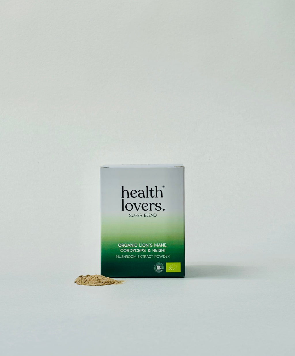 Box of 'health lovers' super blend with green and white design on a light gray background